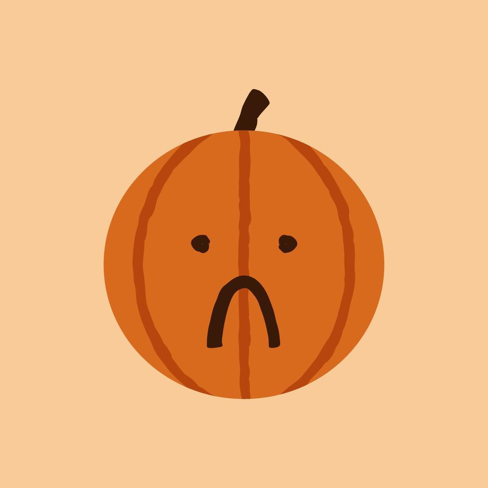 schattig halloween pompoen in heel verdrietig frons gezicht, emoticon vector