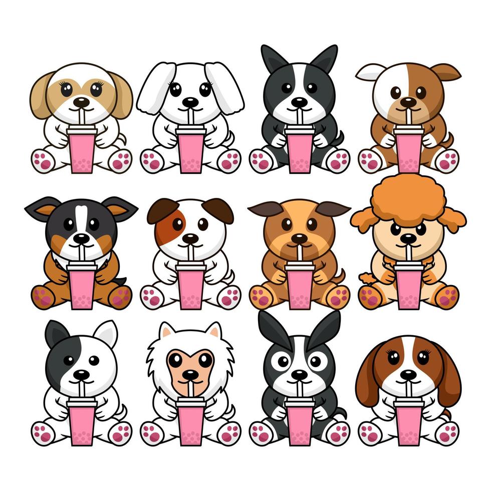 bundel vector illustratie van schattig honden drinken divers soorten van boba