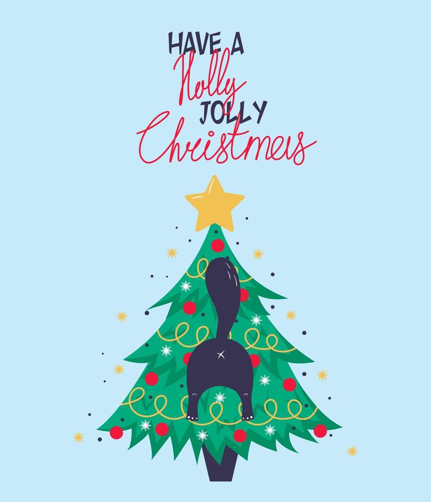 Kerstmis kaart, banier of poster sjabloon met Kerstmis boom en schattig zwart kat plakken uit van het met hebben een olly vrolijk Kerstmis belettering vector