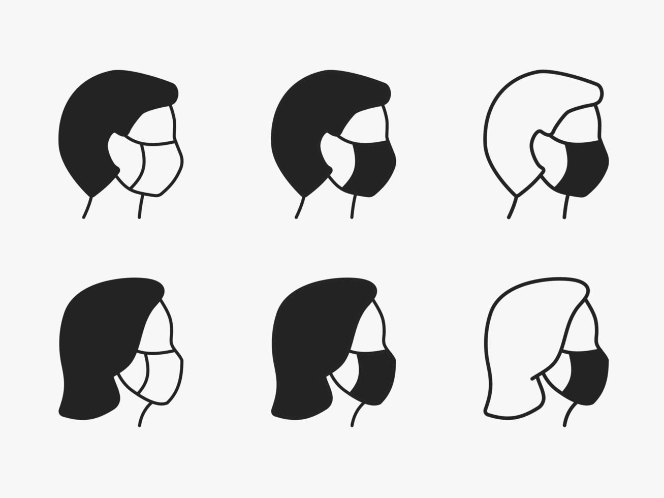 Mens en vrouw in medisch masker pictogrammen. zwart vector illustratie.