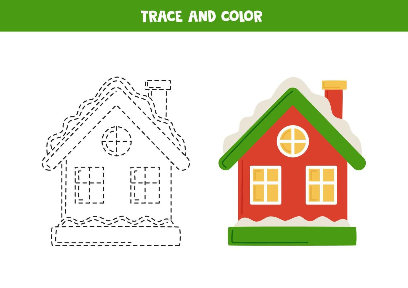 spoor en kleur schattig tekenfilm besneeuwd huis. werkblad voor kinderen. vector