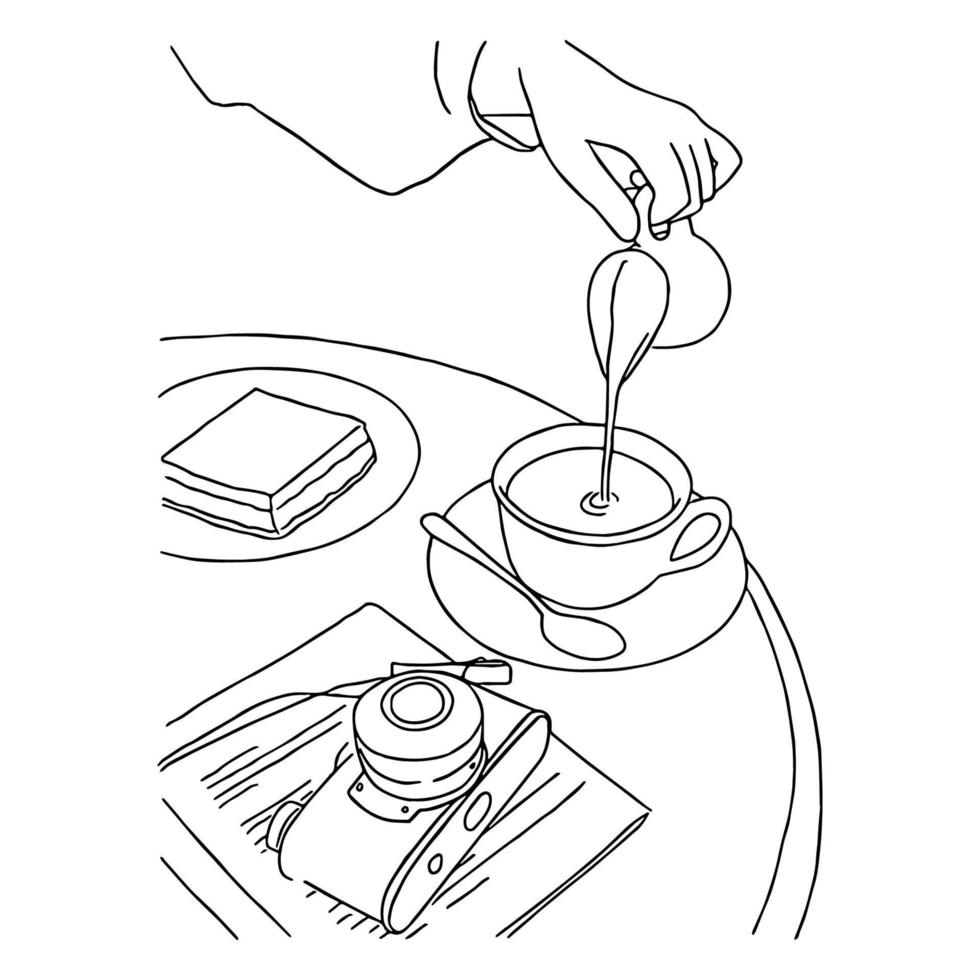 lijn kunst minimaal van mensen gieten melk in koffie met camera en boek Aan tafel in cafe, tekening stijl hand- getrokken vector