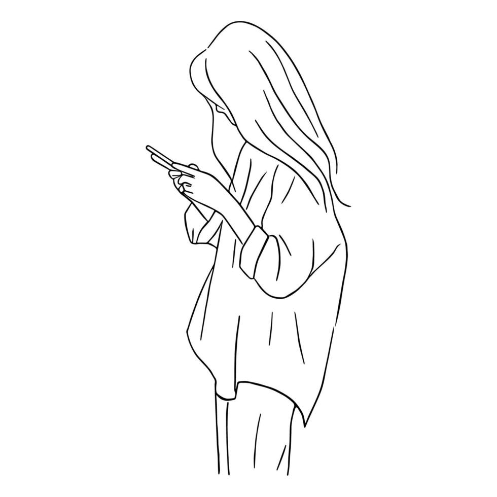 lijn kunst minimaal van vrouw gebruik makend van smartphone in hand- getrokken concept voor decoratie, tekening stijl vector