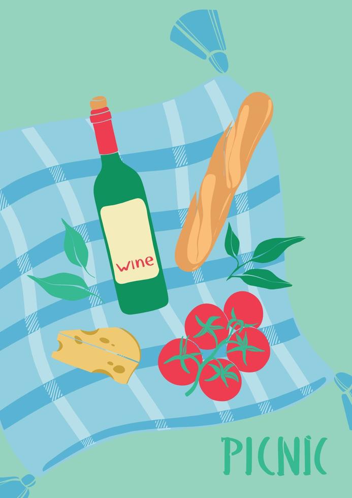 picknick in natuur. vector illustratie met een fles van wijn, kaas en tomaten. modern poster met biologisch producten. zomer evenement uitnodiging. vlak ontwerp.