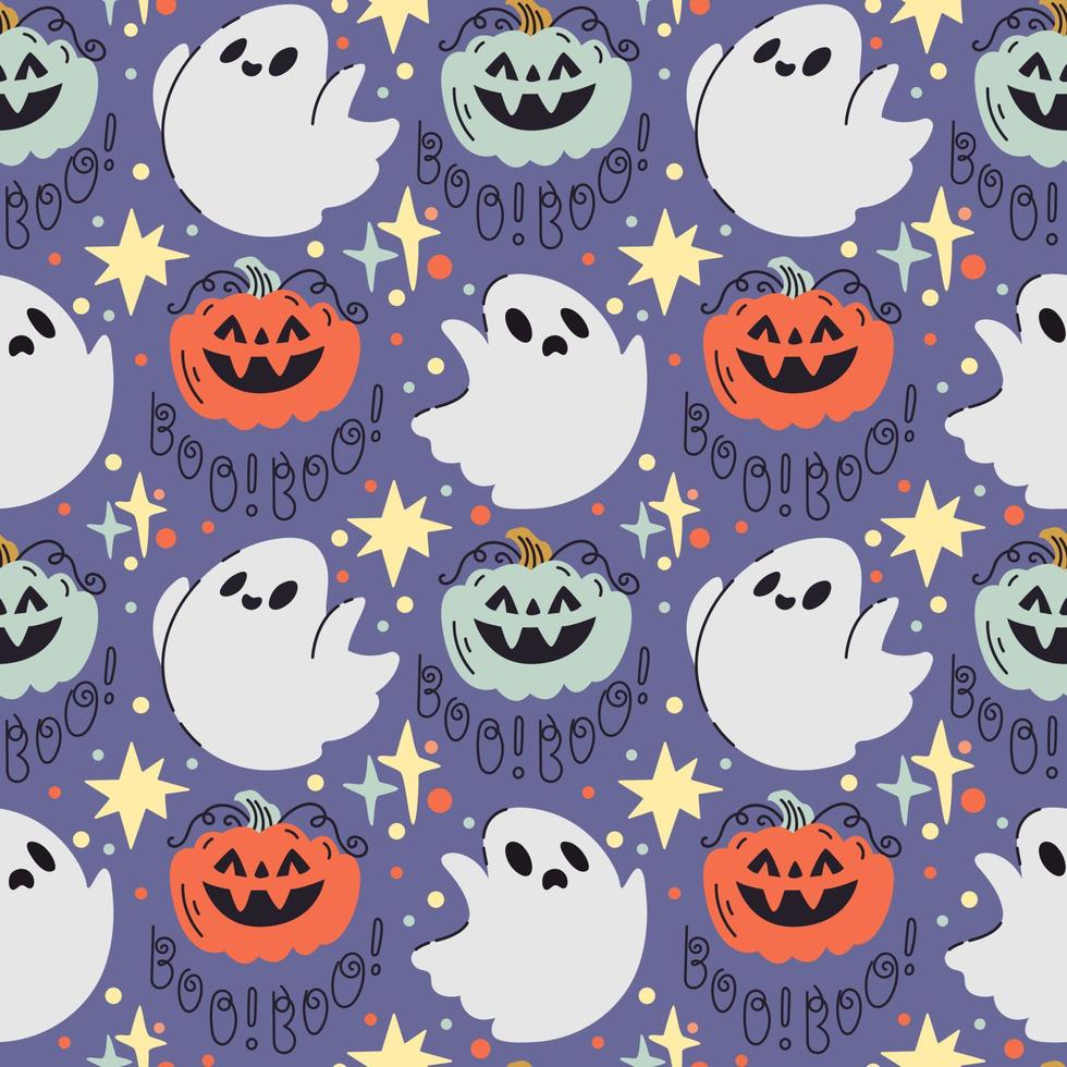 spookachtig halloween naadloos patroon in schattig tekening stijl met geest, pompoen, belettering boe en sterren Aan Purper achtergrond vector
