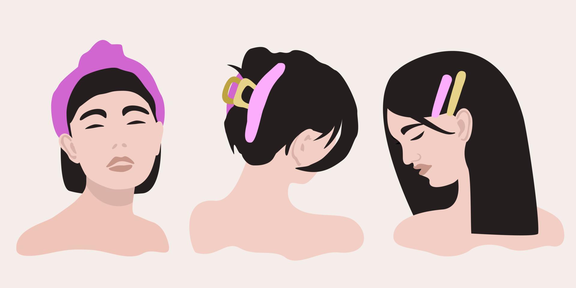 drie jong Dames met divers haar- accessoires. vector