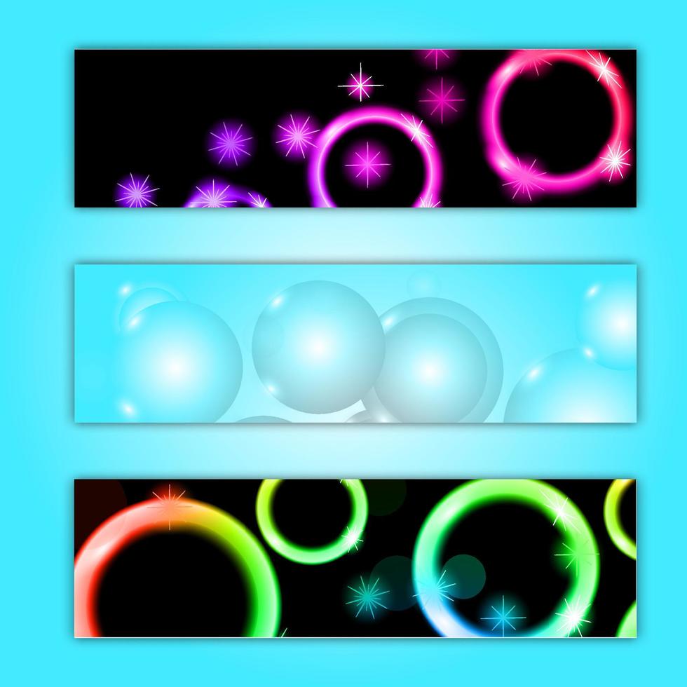 een reeks van drie abstract veelkleurig achtergrond texturen van posters van magisch mooi digitaal gloeiend helder energie magisch schijnend elektrisch neon schijnend cirkels ballen. vector illustratie