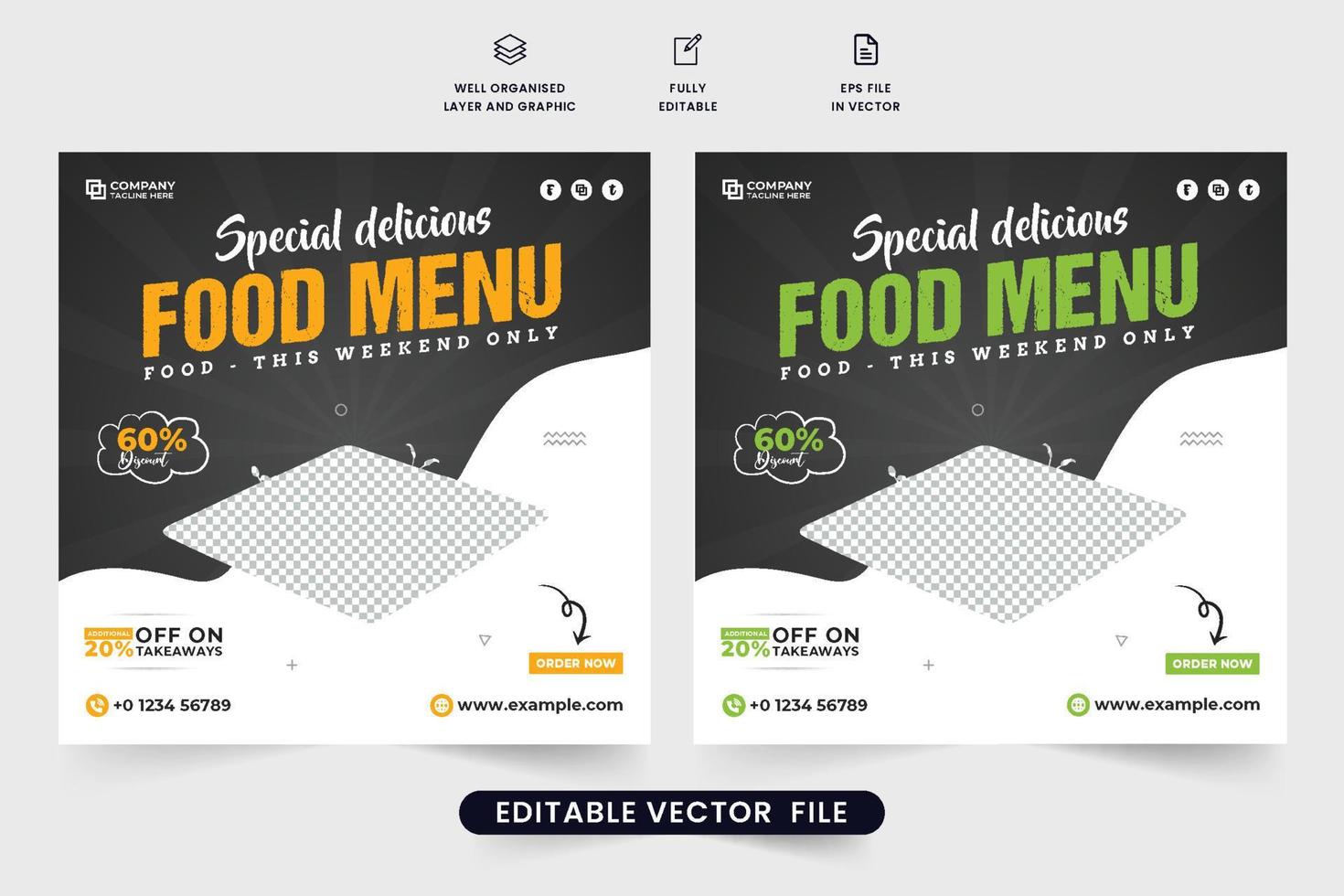 speciaal voedsel menu ontwerp met donker achtergronden voor digitaal marketing. modern restaurant sociaal media post vectoren met abstract vormen. heerlijk voedsel advertentie poster ontwerp voor restaurants.