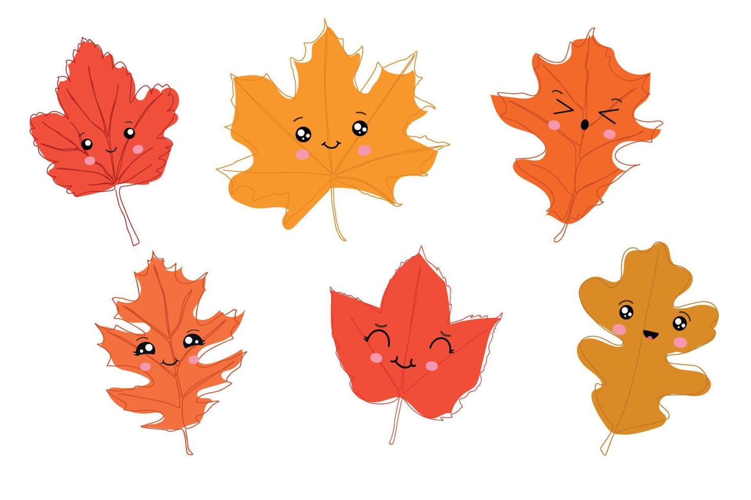 reeks van herfst bladeren in kawaii stijl. vector illustratie geïsoleerd Aan wit achtergrond.