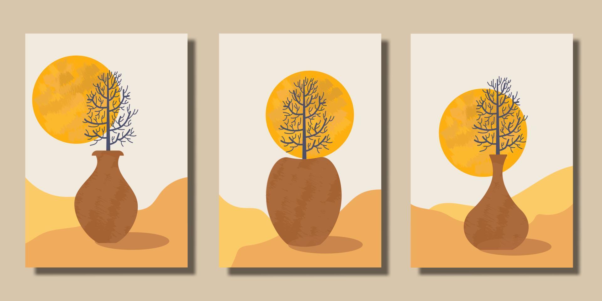 vlak ontwerp boho muur kunst vector vas en bloem met de zon