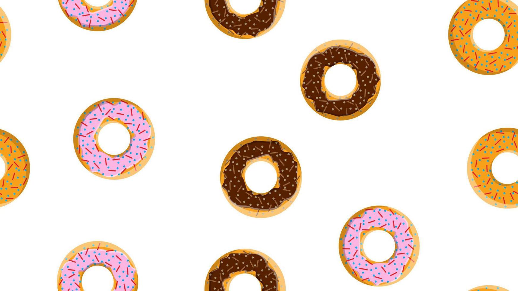 naadloos patroon, structuur van verschillend ronde zoet meel smakelijk vers heet donuts, gebakjes, met suikerlaag koekjes in chocola snoep karamel snoep Aan een wit achtergrond. vector illustratie