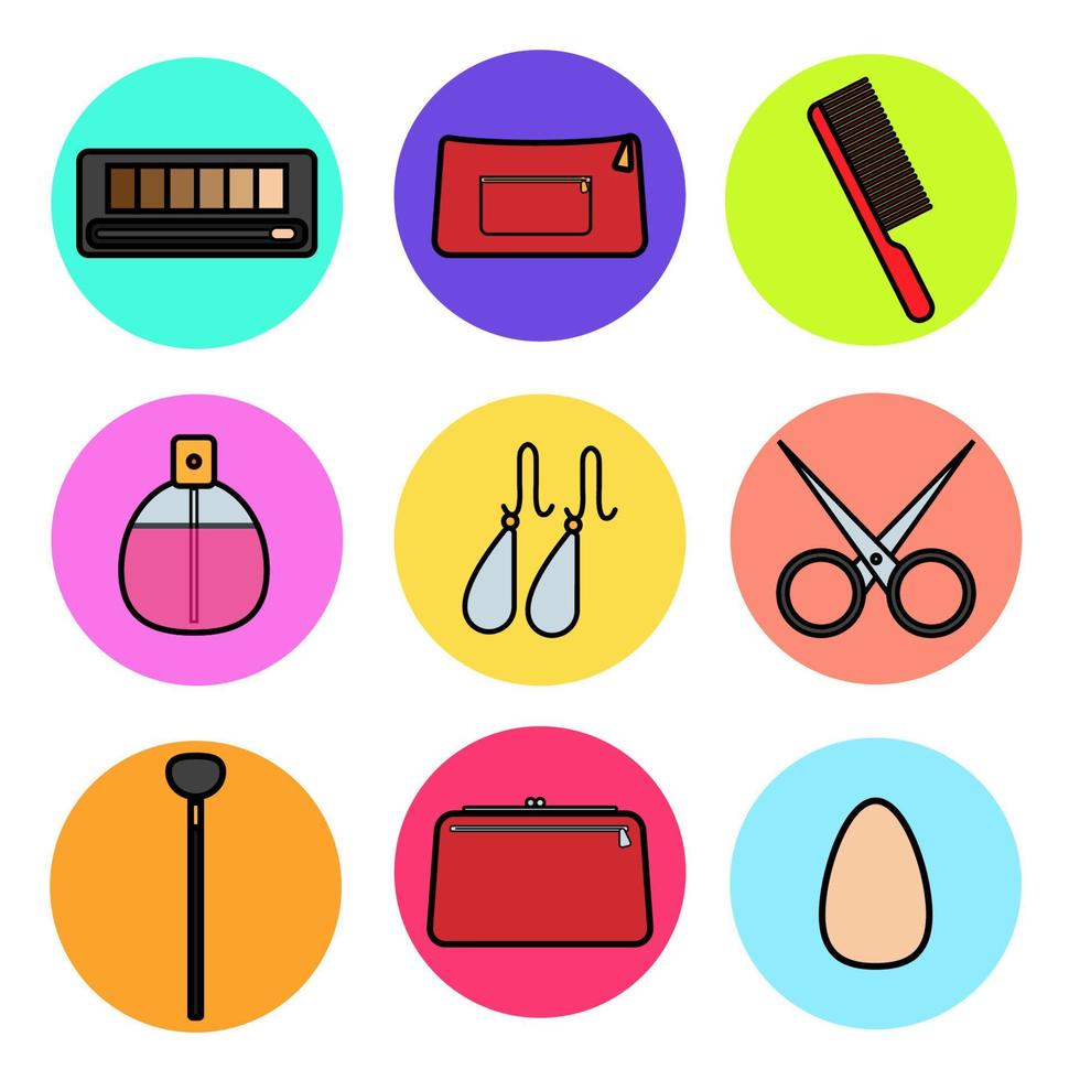 reeks van glamoureus items pictogrammen in vlak stijl mode schoonheid en vrouw schoonheidsmiddelen kunstmatig tas, handtas, oorbellen, spons Aan de achtergrond van veelkleurig cirkels. vector illustratie