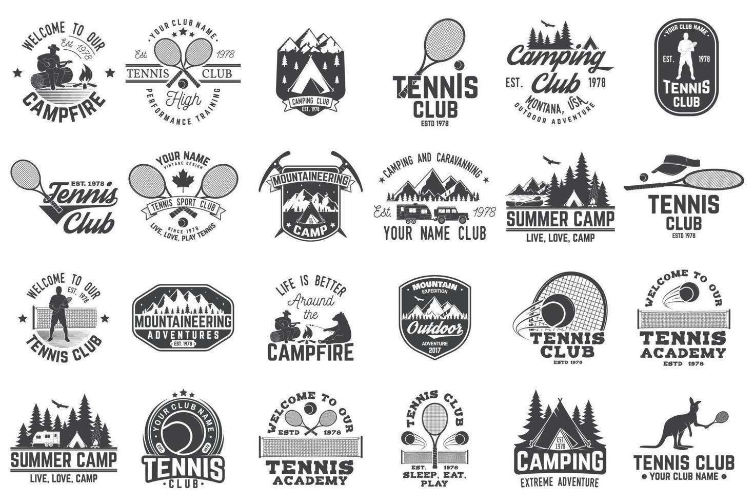reeks van tennis en camping club kenteken. vector illustratie.