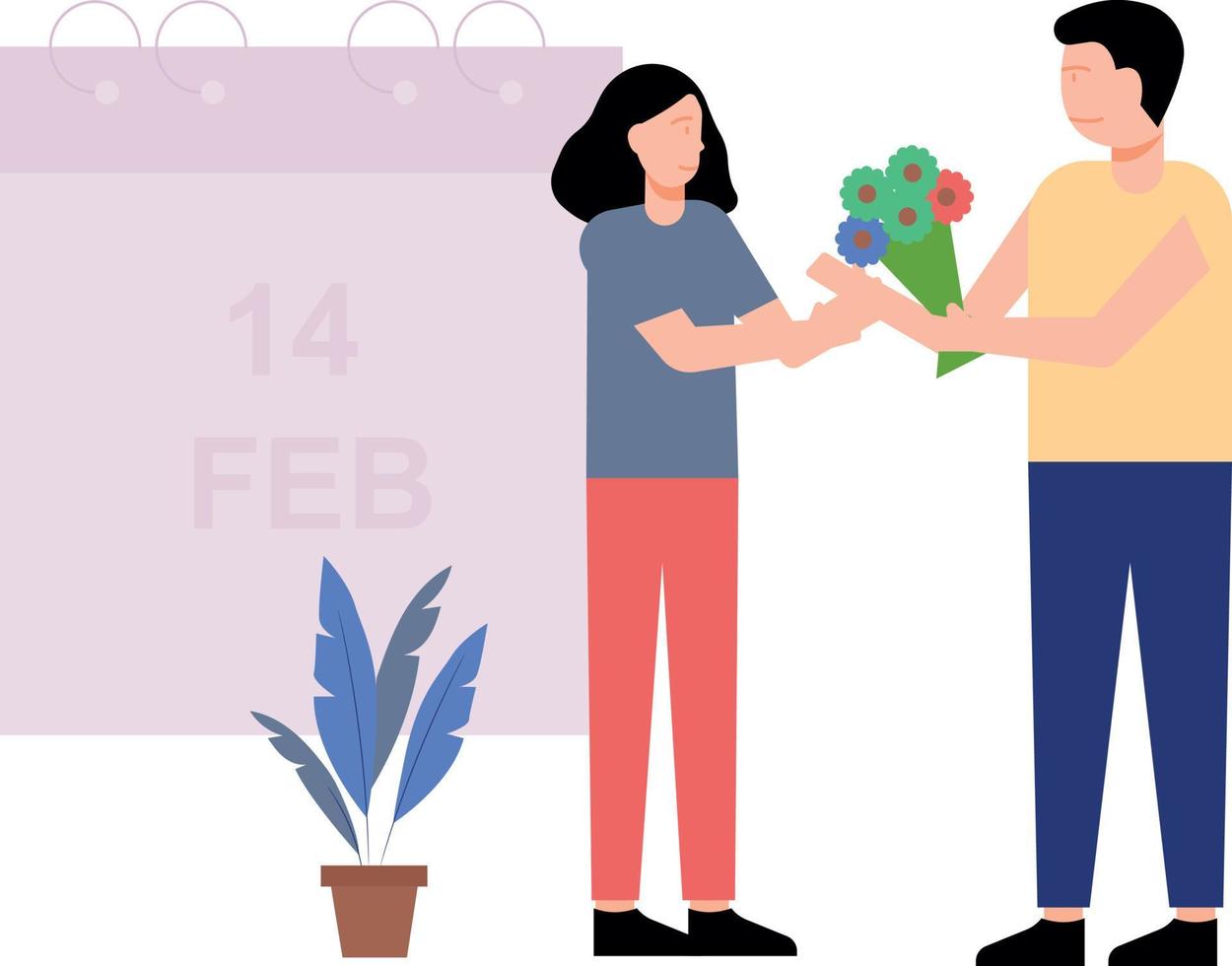 jongen geven bloem boeket naar meisje Aan februari 14. vector