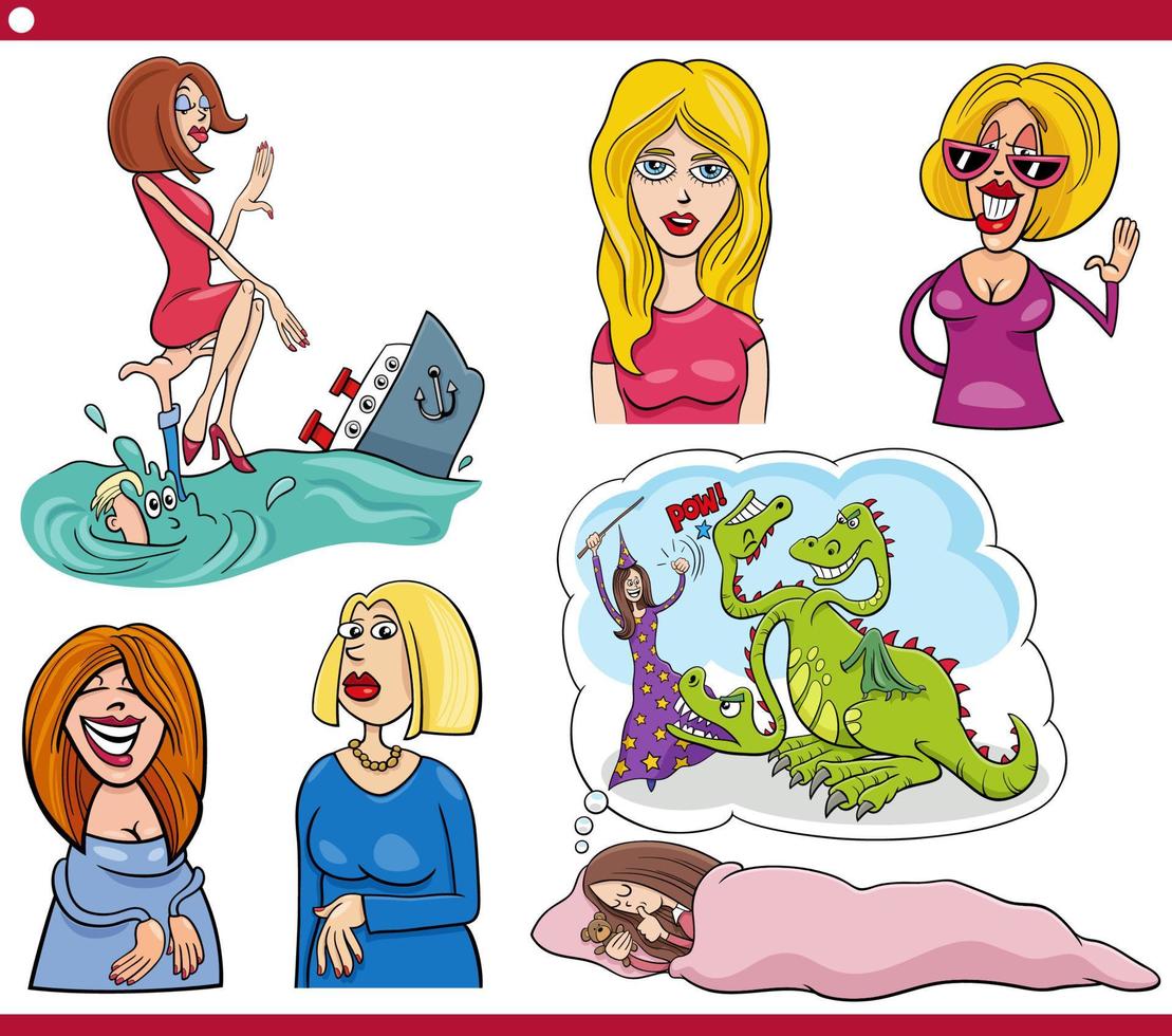 grappige cartoon vrouwen karakters karikatuur set vector