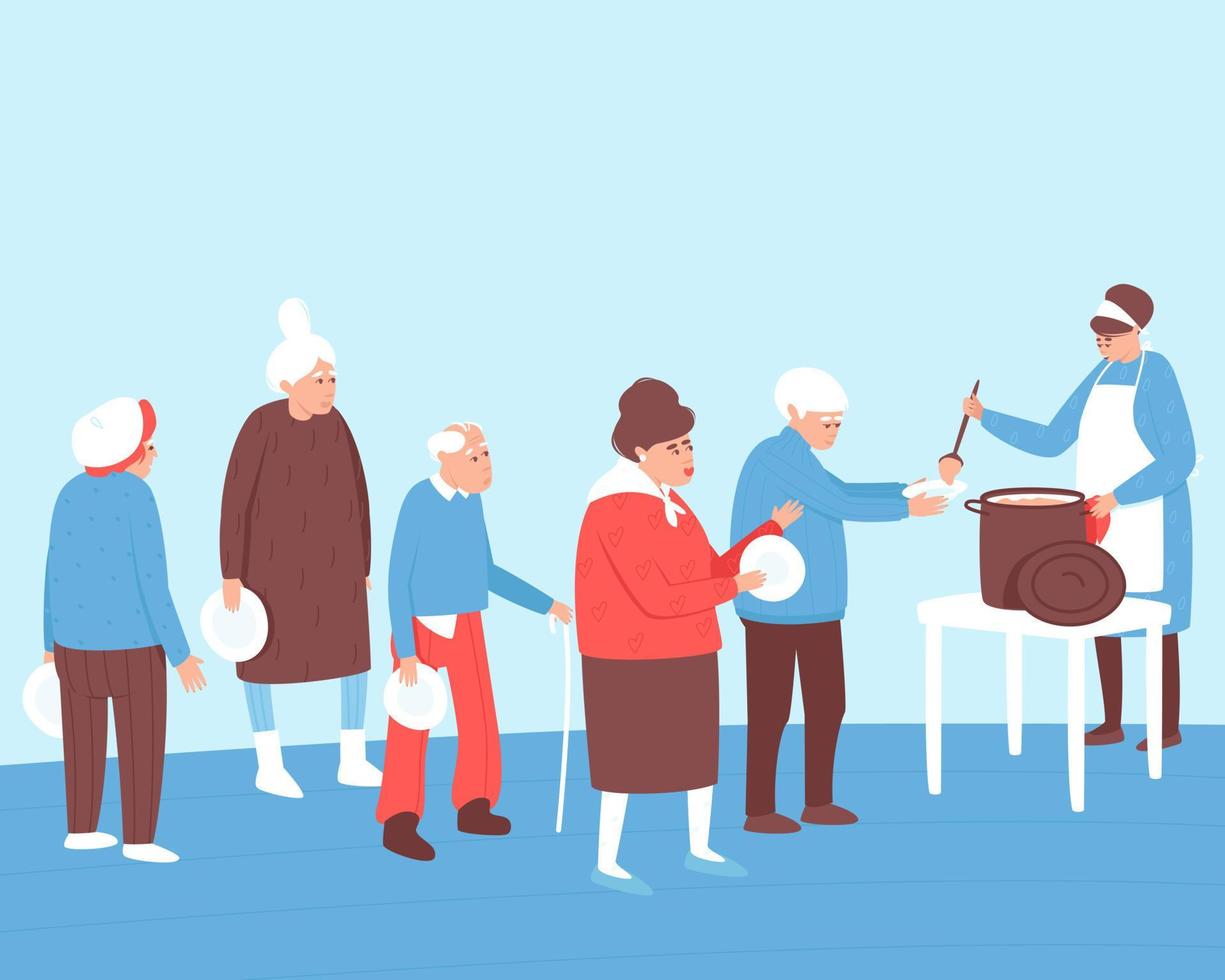 ouderen mensen staan in wachtrij voor sociaal heet maaltijden vector