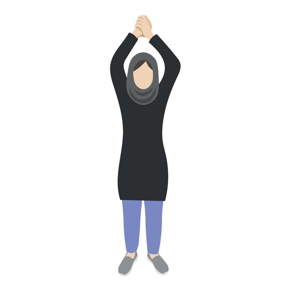 portret van een vrouw in een hoofddoek met haar handen verheven bovenstaand haar hoofd, vlak vector, isoleren Aan een wit achtergrond, gezichtsloos illustratie, moslim vrouw, vrouw protesten vector