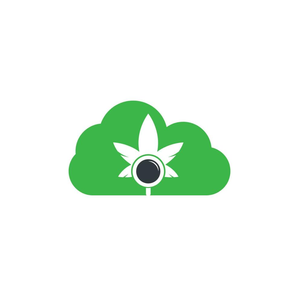 hennep zoeken wolk vorm logo ontwerp vector sjabloon. marihuana blad en loupe logo combinatie. hennep en vergroten symbool of icoon