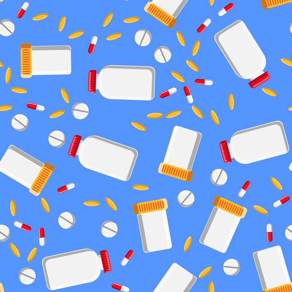 medisch naadloos patroon, structuur van geneeskrachtig farmaceutisch tabletten, blikjes, capsules, vitamines, drugs, antibiotica, omega 3 vis olie geïsoleerd Aan een blauw achtergrond. concept Gezondheid zorg vector