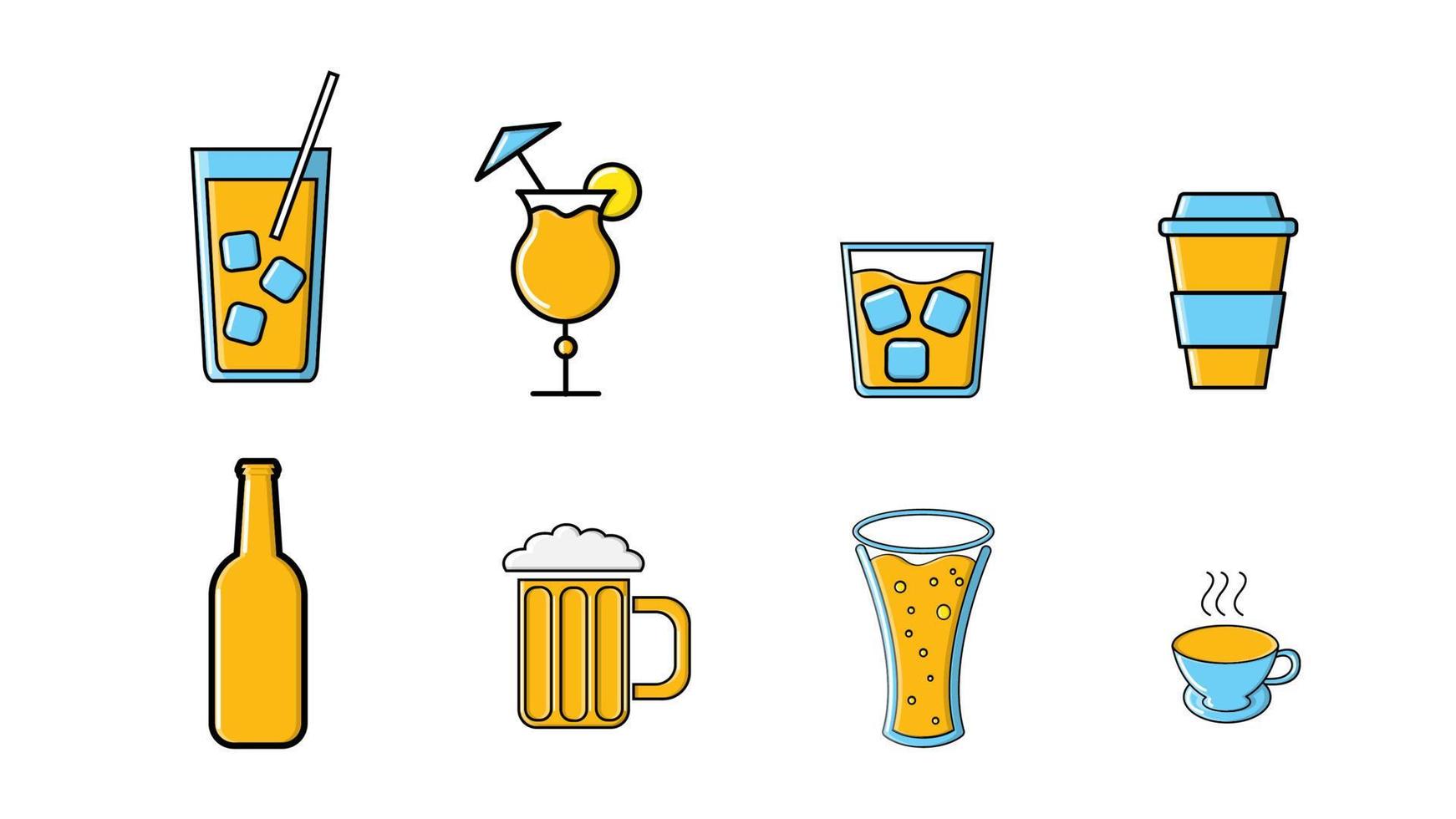 pictogrammen reeks van alcoholisch en niet alcoholisch drankjes flessen en mokken van thee koffie bier cocktails en whisky wodka met ijs Aan een wit achtergrond met een zwart hartinfarct. vector illustratie