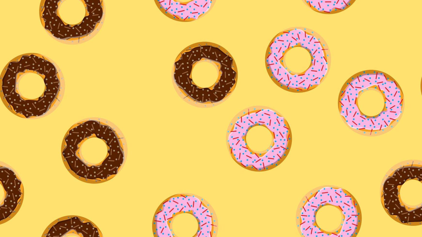 naadloos patroon, structuur van verschillend ronde zoet meel smakelijk vers heet donuts, gebakjes, met suikerlaag koekjes in chocola snoep karamel gebakje Aan een geel achtergrond. vector illustratie