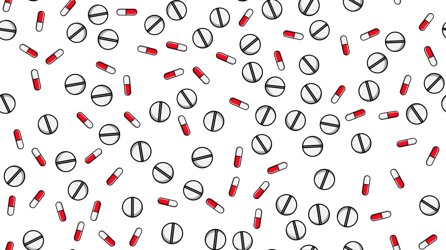 naadloos patroon structuur van eindeloos herhalende geneeskunde tablets pillen dragee capsules en geneesmiddel borden met vitamines Aan een wit achtergrond vlak leggen. vector illustratie