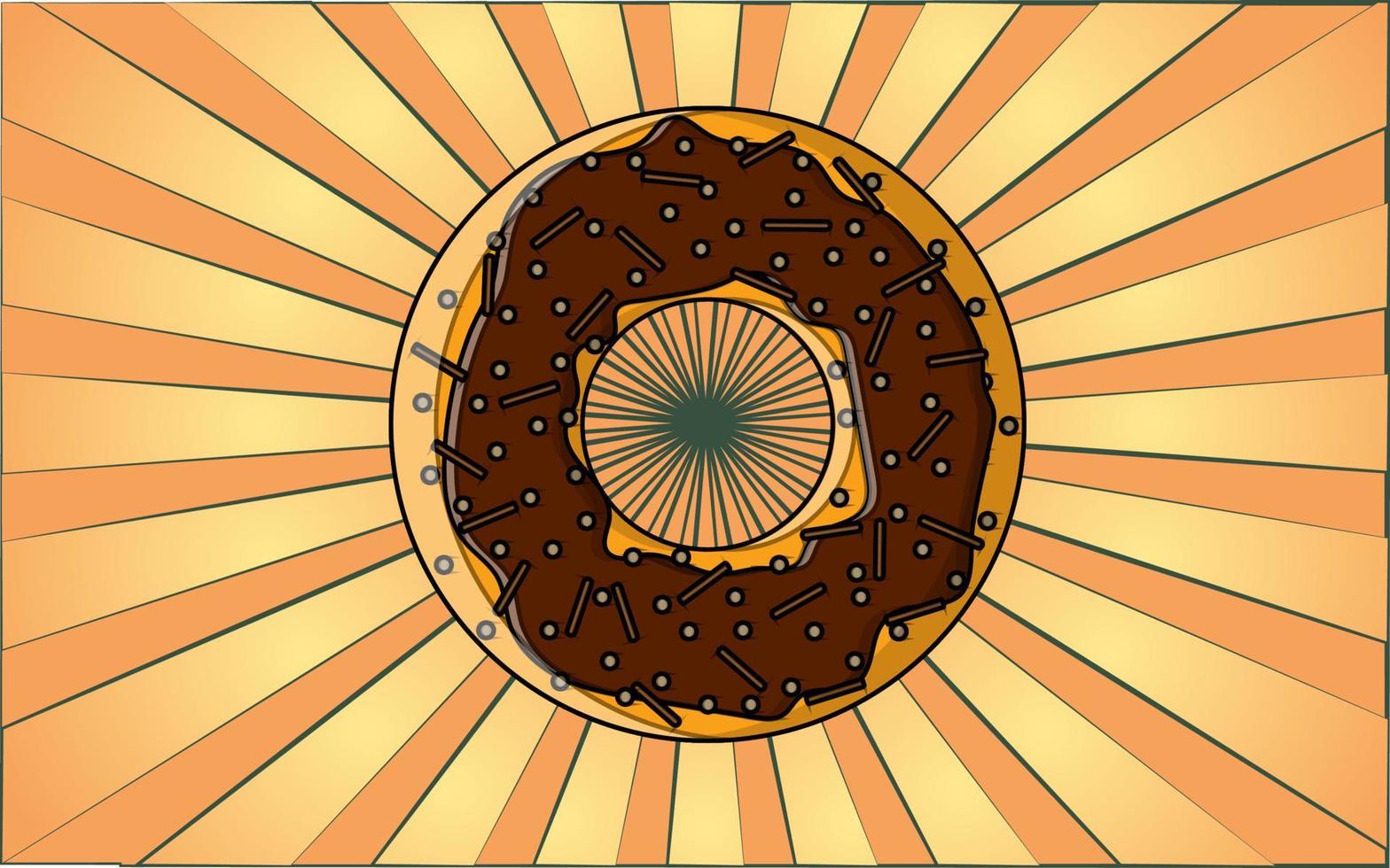 heerlijk melig ronde hartelijk vers donut in chocola Aan een achtergrond van abstract geel stralen. vector illustratie