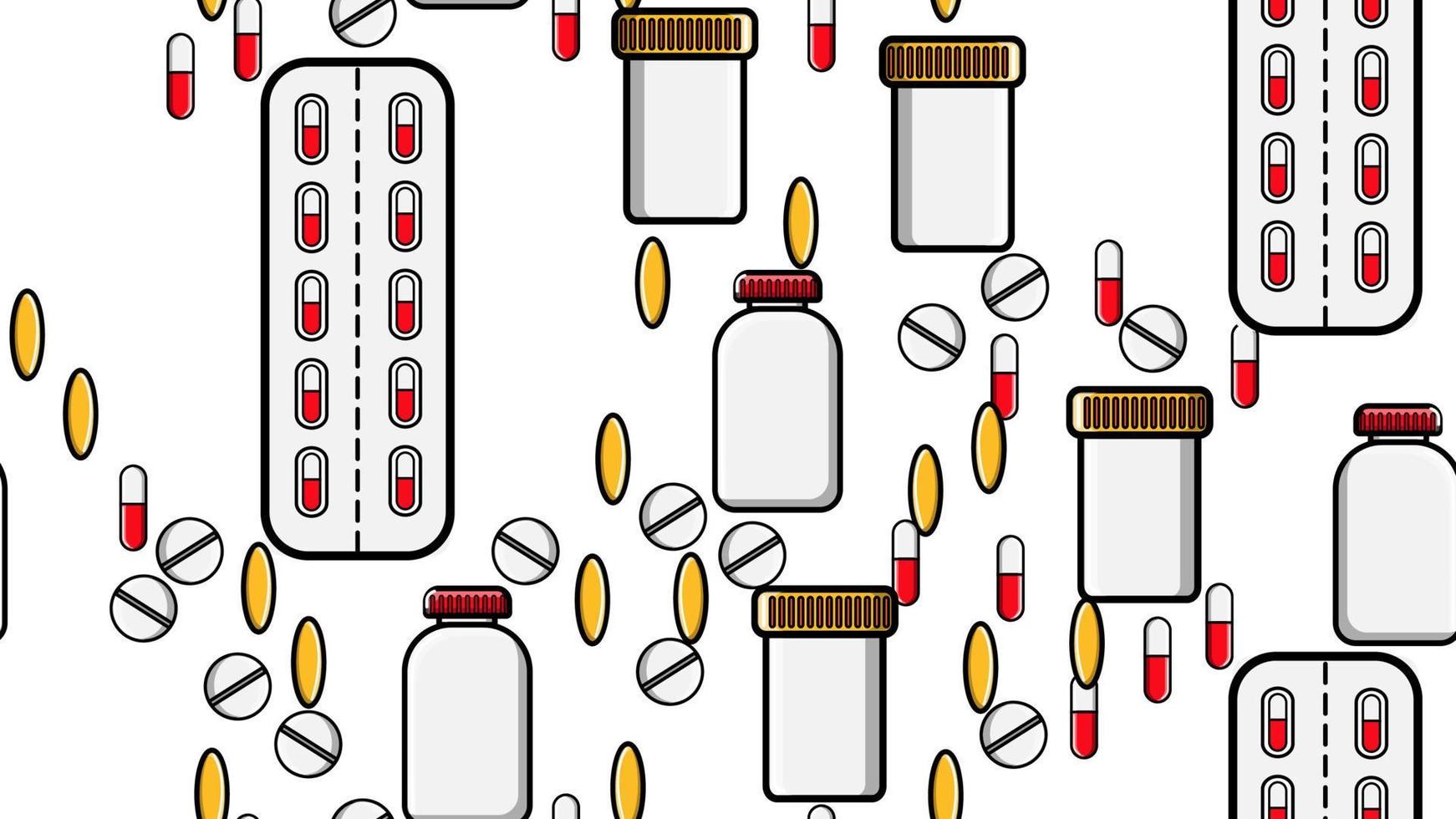 naadloos patroon structuur van eindeloos herhalende geneeskunde tablets pillen dragee capsules records blikjes van pakketten met geneesmiddelen vitamines verdovende middelen Aan een wit achtergrond vlak leggen top visie. vector illustratie