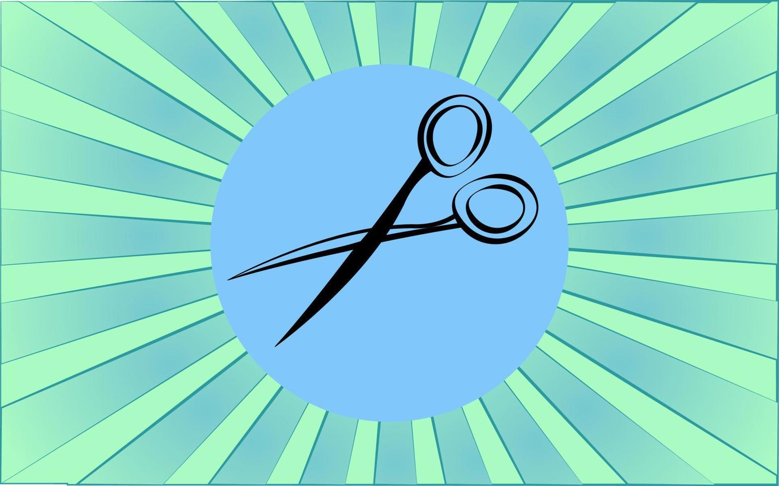 lineair ronde icoon van schaar Bij de kapper Aan een achtergrond van abstract blauw stralen. vector illustratie
