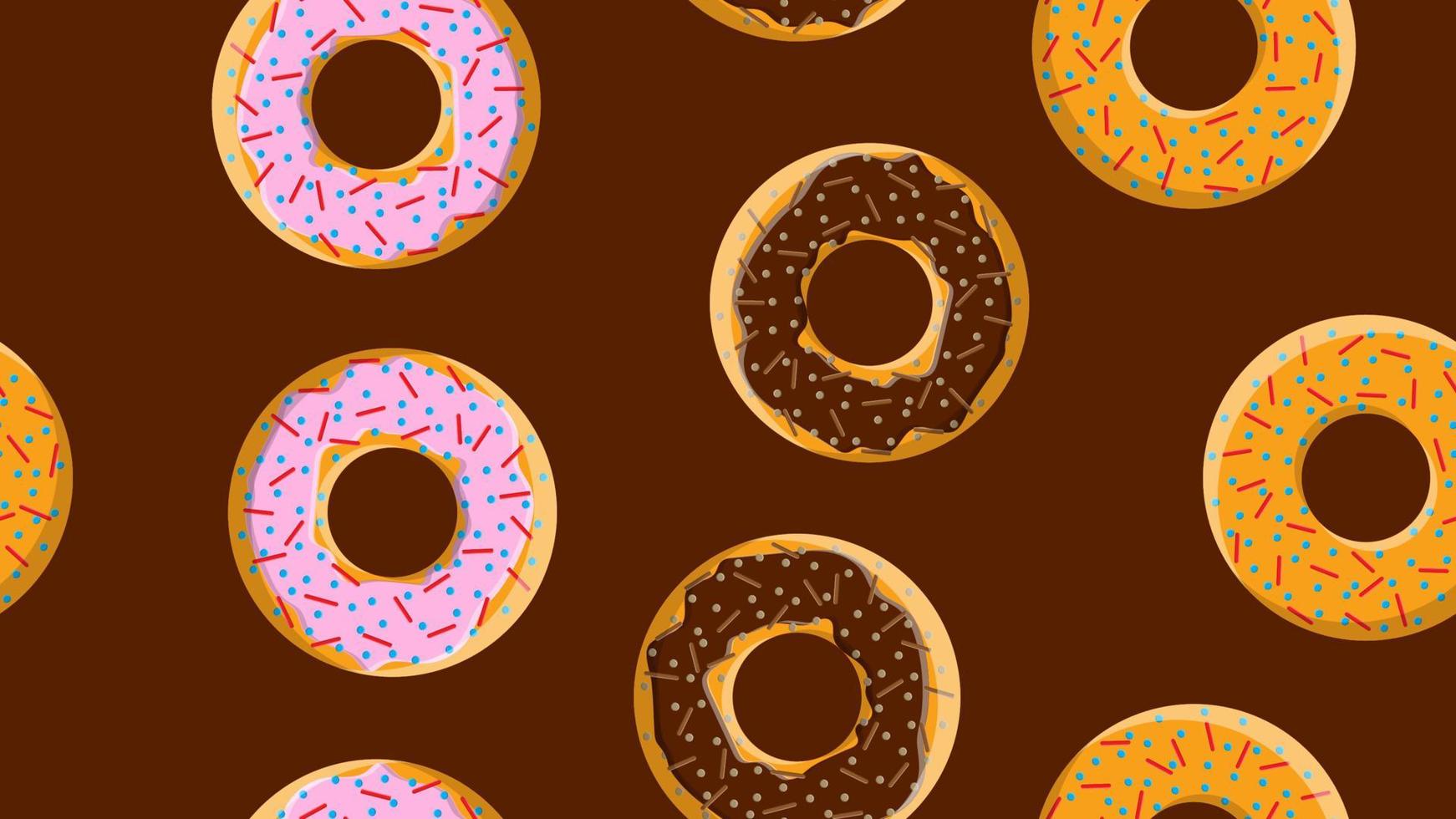 naadloos patroon, structuur van verschillend ronde zoet meel smakelijk vers heet donuts, gebakjes, met suikerlaag koekjes in chocola snoep karamel banketbakkerij Aan een bruin achtergrond. vector illustratie