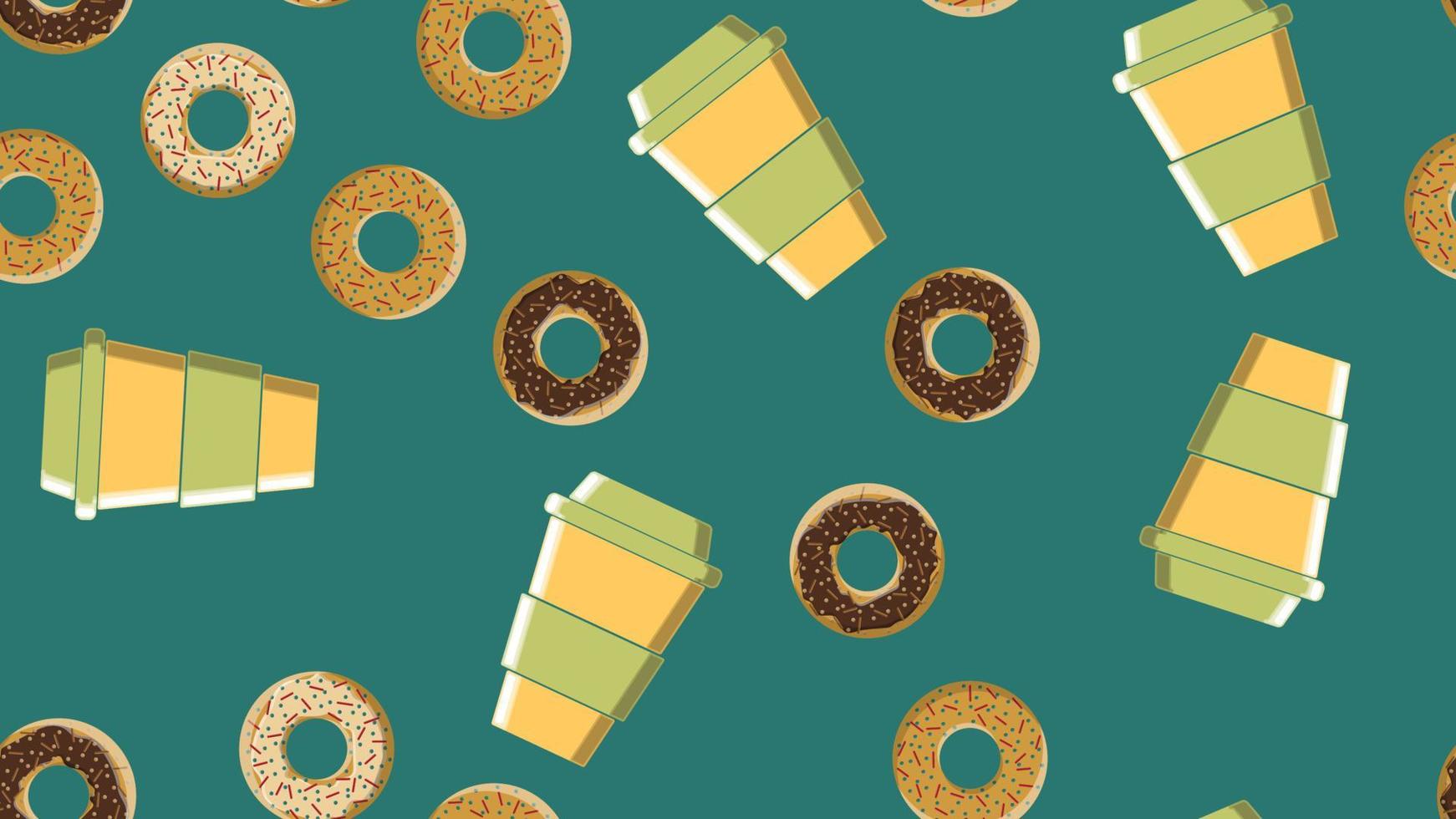 naadloos patroon, structuur van verschillend ronde zoet smakelijk heet donuts met suiker in karamel chocola en een kop van heet snel afhaalmaaltijd sterk koffie Aan een blauw achtergrond. vector illustratie