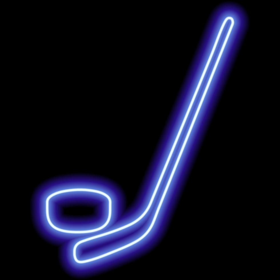 een gemakkelijk beeld van een hockey stok en puck. blauw neon contour. icoon illustratie vector