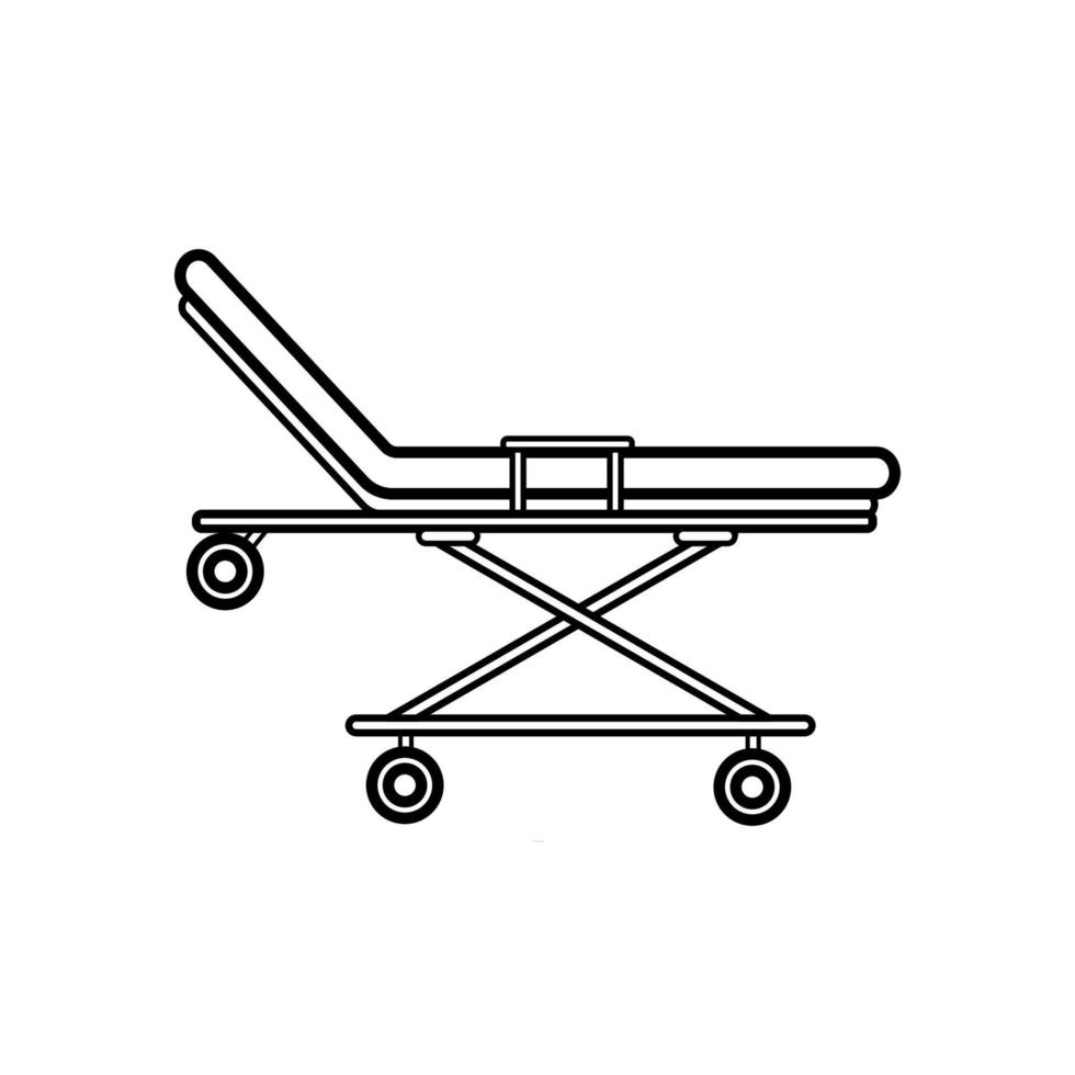 medisch reanimatie ambulance rolstoel voor vervoer van patiënten, bed met wielen in de ziekenhuis, gemakkelijk zwart en wit icoon Aan een wit achtergrond. vector illustratie