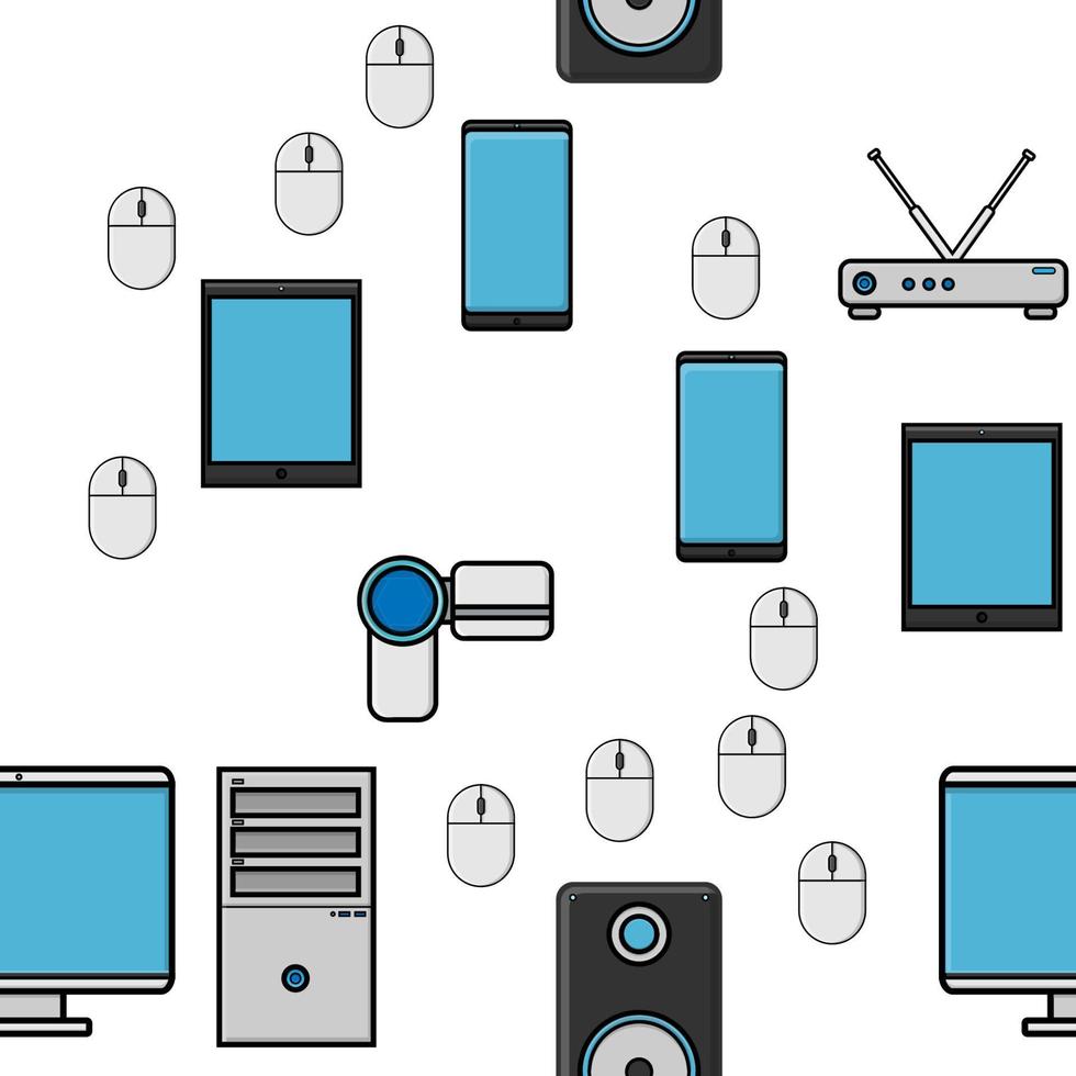 naadloos patroon, structuur van modern digitaal apparaten, gadgets, tabletten, smartphones, muizen, sprekers, monitoren, laptops, routers voor internetten, computer uitrusting Aan een wit achtergrond. vector