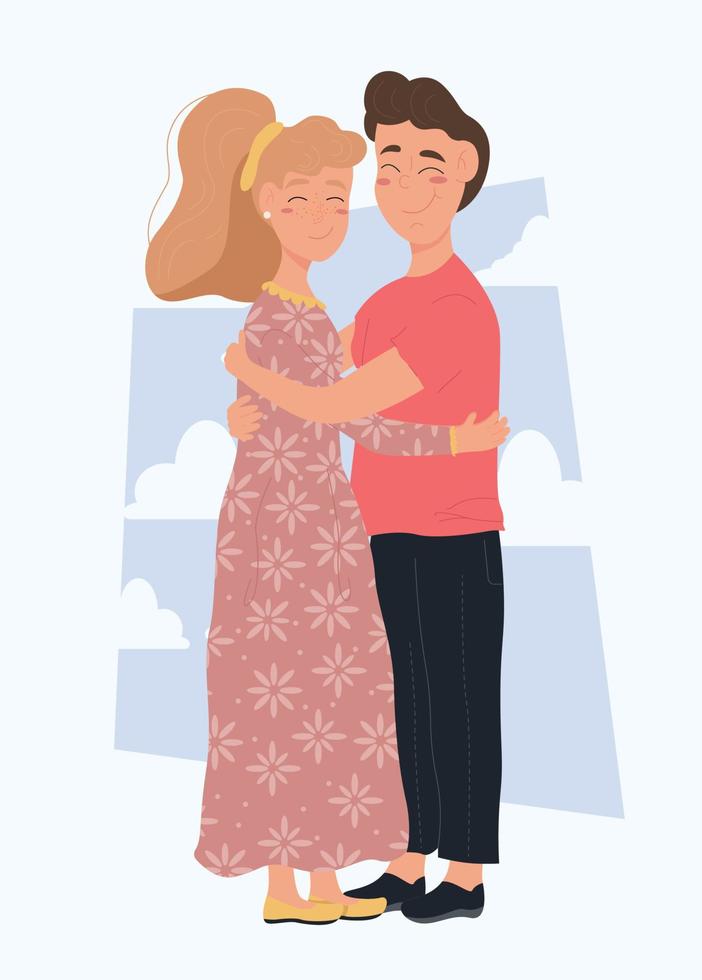 een liefhebbend Mens knuffels zijn vrouw. liefhebbend paar met de wolken in de achtergrond. gelukkig glimlachen blij paar. tekenfilm vector illustratie geïsoleerd Aan wit achtergrond.