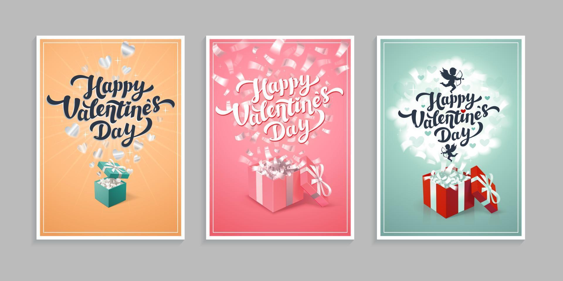 Valentijn s dag groet kaarten - reeks van liefde dag vector kaarten of posters in verschillend achtergrond kleuren. vector illustratie