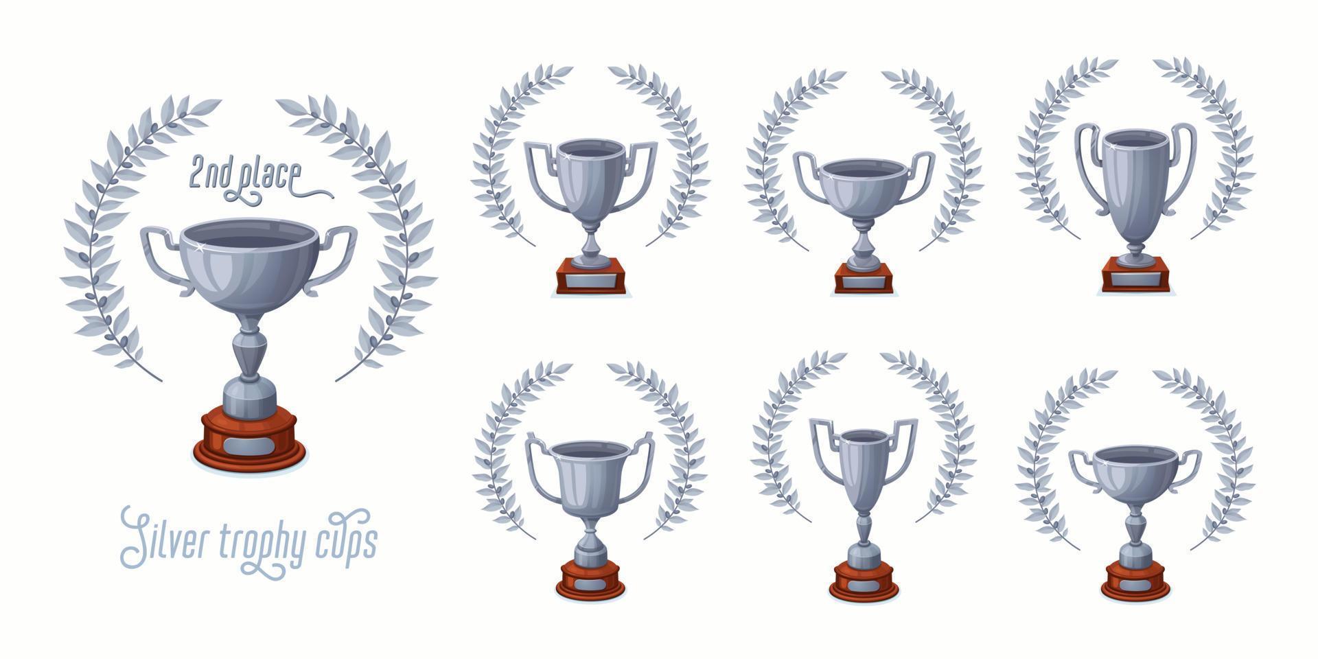 zilver trofee cups met laurier kransen. trofee prijs cups reeks met verschillend vormen - 2e plaats winnaar trofeeën. tekenfilm stijl vector illustratie.