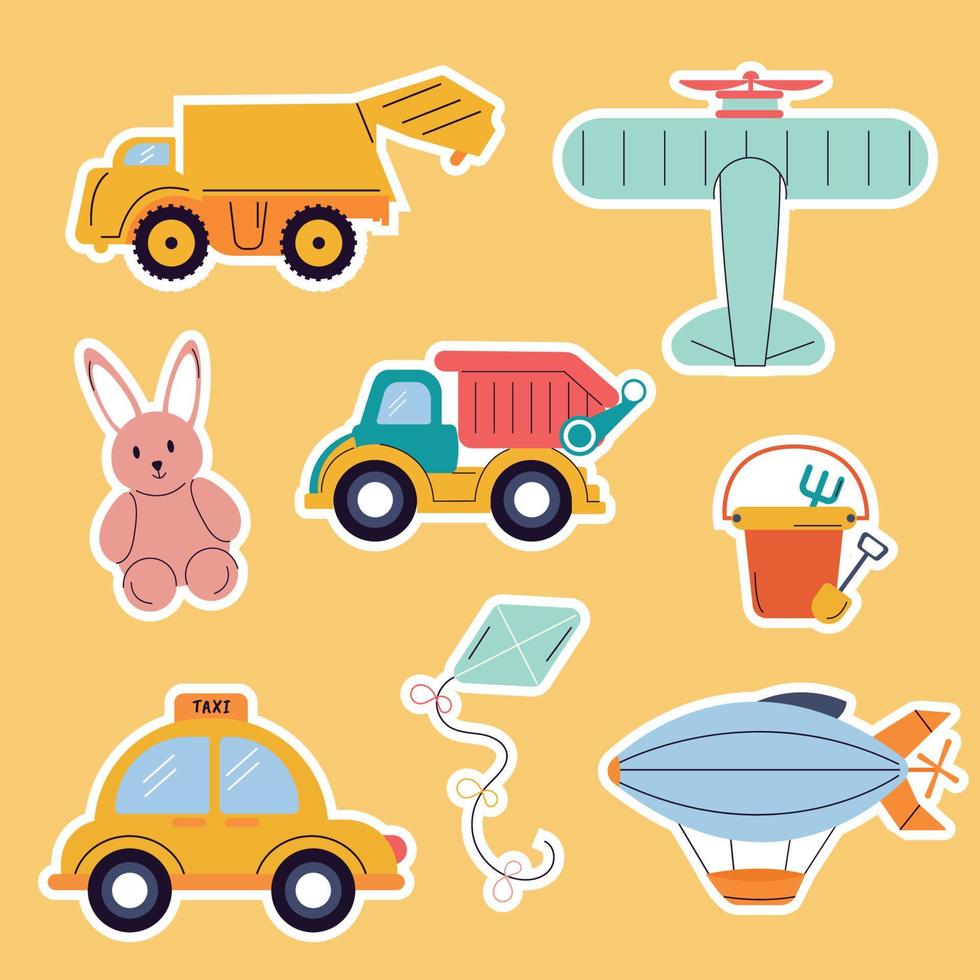 een reeks van stickers voor kinderen speelgoed. auto, haas, vliegtuig, vector