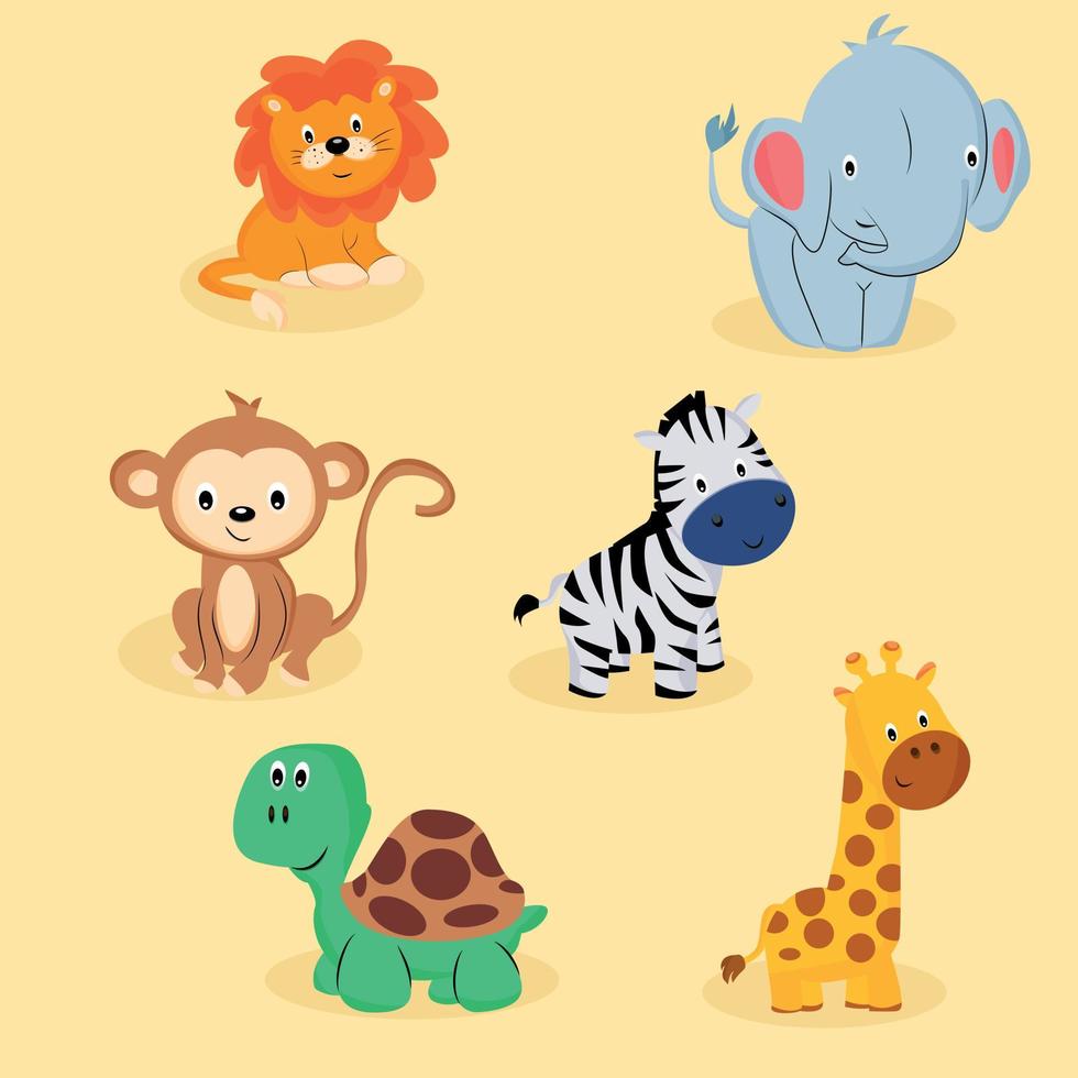 dier set. safari dieren. kinderen dieren. leeuw, olifant, aap, zebra, schildpad en giraffe vector