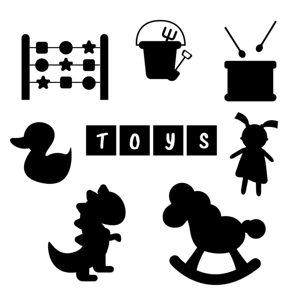 verzameling van kinderen speelgoed silhouet. trommel, pop, speelgoed, dinosaurus, pony, kubussen vector