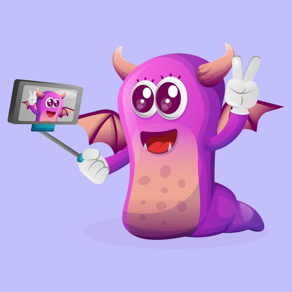 schattig Purper monster duurt een selfie met smartphone vector