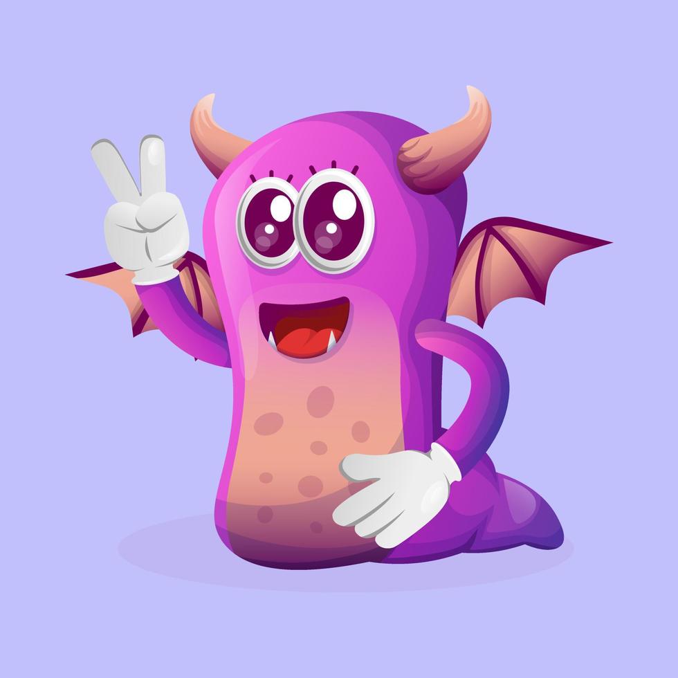 schattig Purper monster met vrede hand- vector