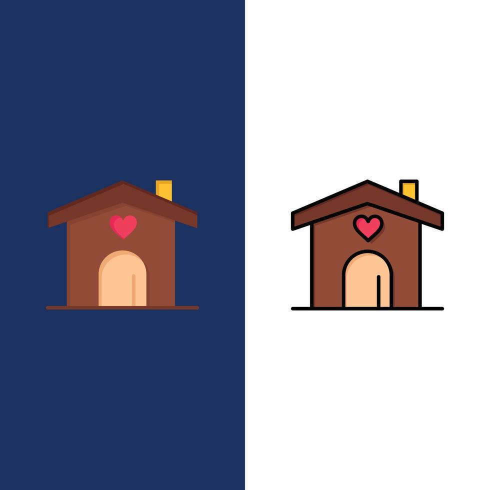 huis liefde hart bruiloft pictogrammen vlak en lijn gevulde icoon reeks vector blauw achtergrond