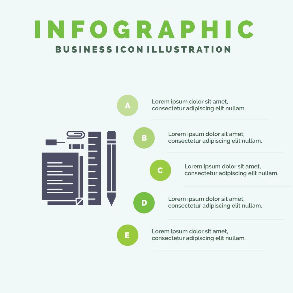 stationair potlood pen kladblok pin solide icoon infographics 5 stappen presentatie achtergrond vector