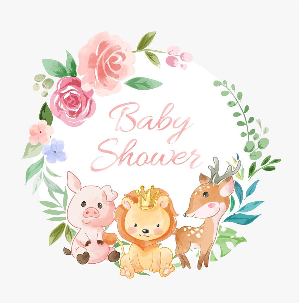 baby shower bloemenkrans met dierenvrienden vector