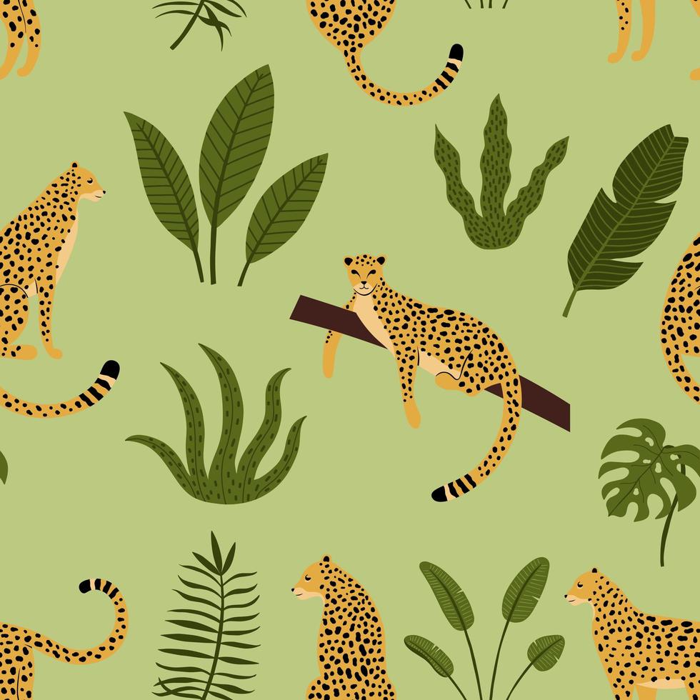 luipaard naadloos patroon met tropische bladeren vector