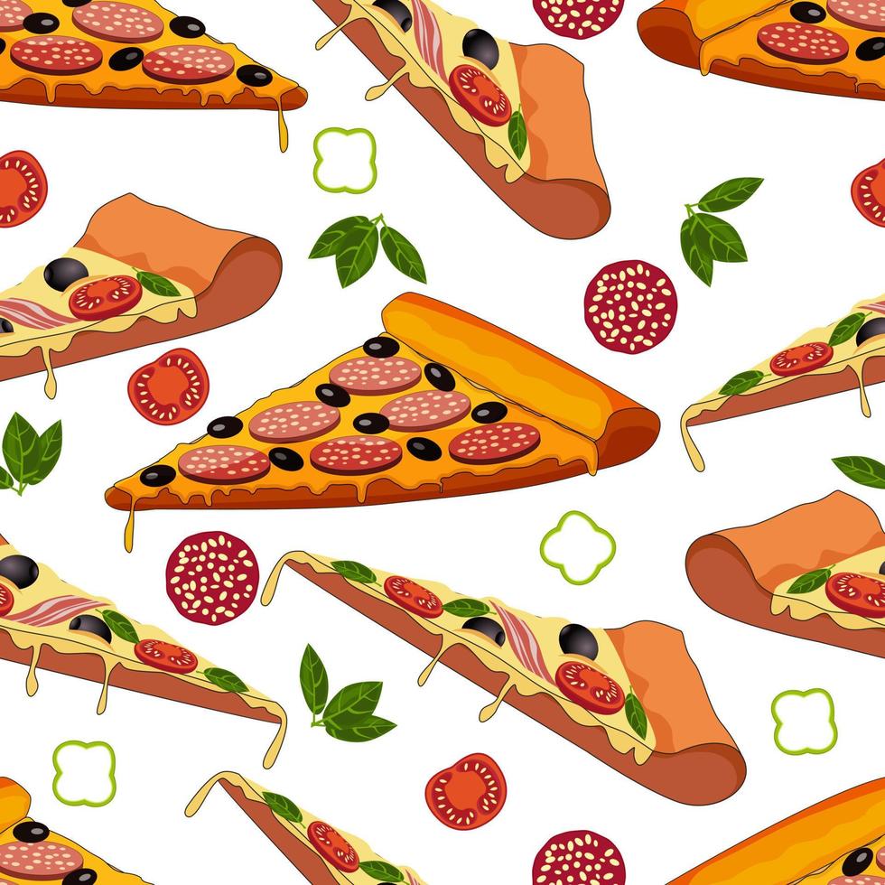 naadloos patroon van heerlijk hand getekend pizza plakjes.pizza plakjes en ingrediënten geïsoleerd Aan een wit achtergrond.jij kan gebruik het voor verpakking papier en voor ontwerp elementen.vector illustratie. vector