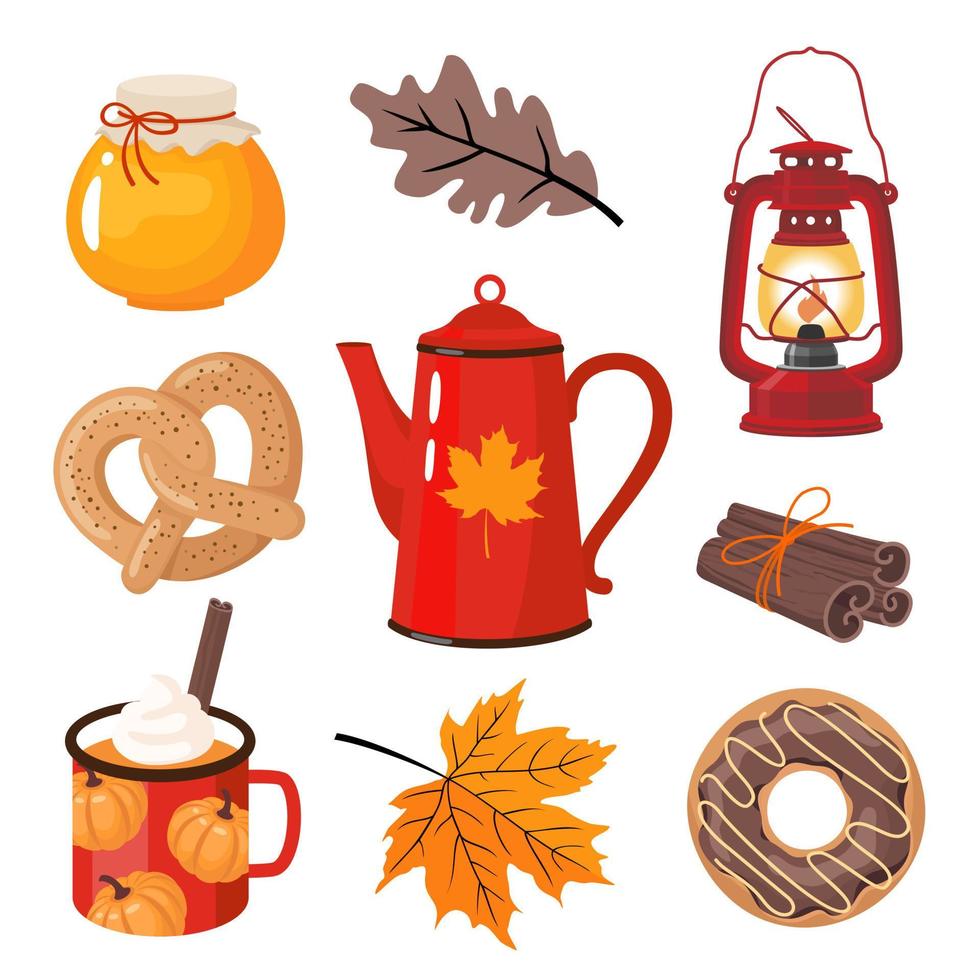 herfst elementen reeks - koffie pot, mok, krakeling, esdoorn- bladeren, geglazuurd donut, wijnoogst lantaarn. vector