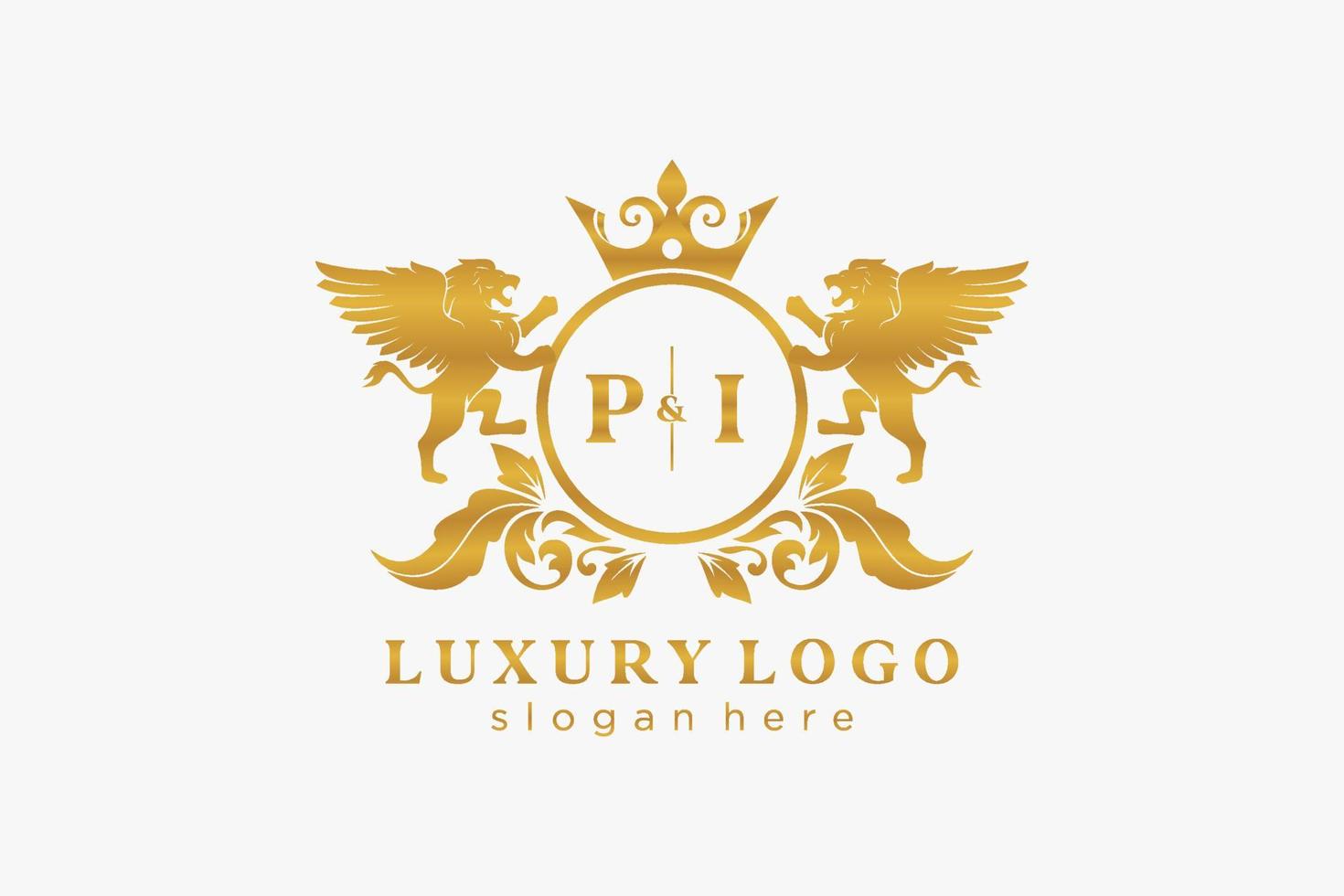 eerste pi brief leeuw Koninklijk luxe logo sjabloon in vector kunst voor restaurant, royalty, boetiek, cafe, hotel, heraldisch, sieraden, mode en andere vector illustratie.