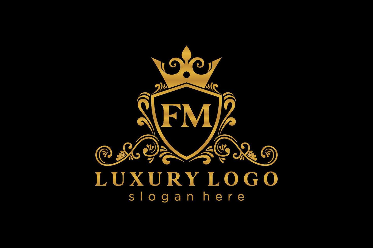 eerste fm brief Koninklijk luxe logo sjabloon in vector kunst voor restaurant, royalty, boetiek, cafe, hotel, heraldisch, sieraden, mode en andere vector illustratie.